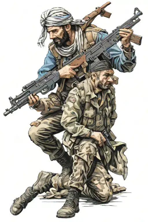 one kurdish father in traditional clothes and with a kalashnikov in thé back holding his only son in the air tattoo design idea