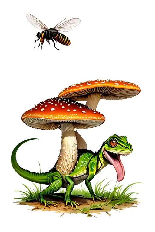 a cameleon with a long tongue catching a fly agaric mushrooms tattoo design idea