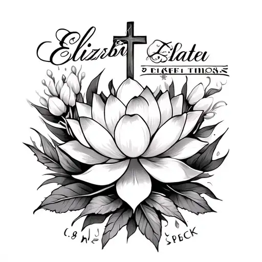 a full arm tatto design incorporating lotus flowers & godly things with a cross also adding the name Elizabeth  tattoo design idea
