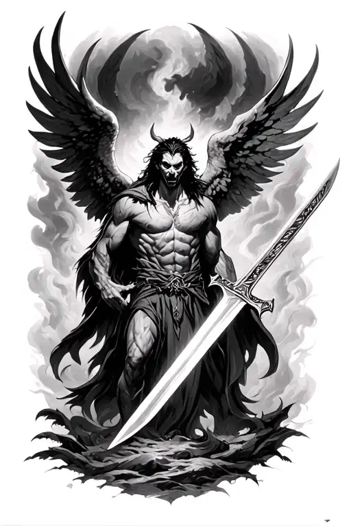 Arcangel Gabriel with his sword approaching the demon tattoo design idea