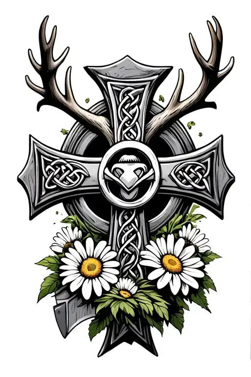 badass celtic cross. claddagh ring in the middle. antlers top of cross. at base of cross an axe and bushel of daisies tattoo design idea