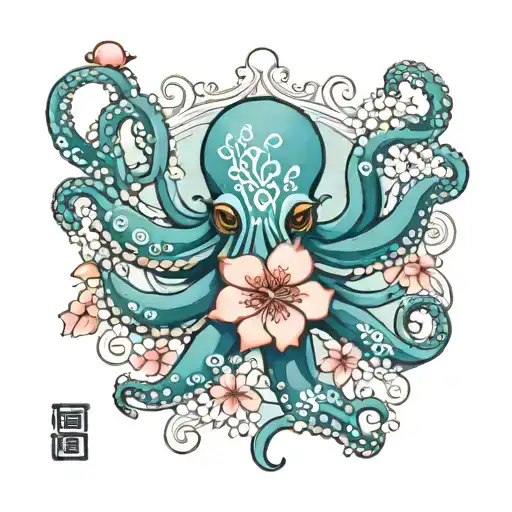 Japanese traditions with octopus and cherry blossom in “aquamarines revenge” style tattoo design idea