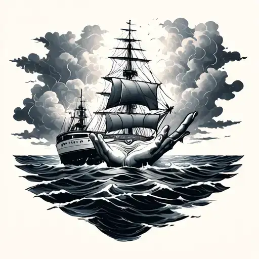 both hands together in water save under the ship sailing in storm clouds tattoo design idea