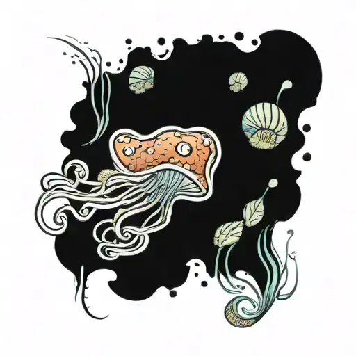 jelly fish swimming along side a stingray with shells around   tattoo design idea