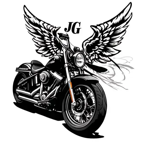 "JG" harley davidson motorcycle, with wings wrapped tattoo design idea