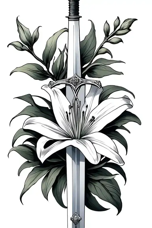 sword crossed with a lily flower tattoo design idea