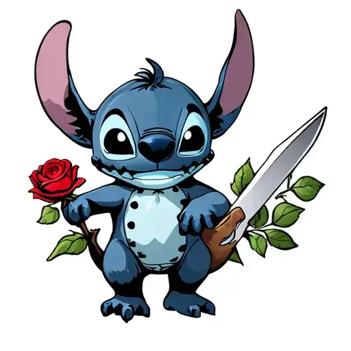 Stitch fro Lilo and Stich holding a knife and a rose while wearing a jason mask tattoo design idea