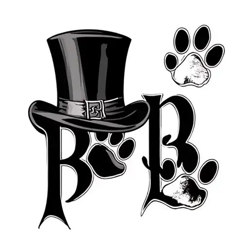 the word Bailey, small paw print, top hat over the latter B tattoo design idea