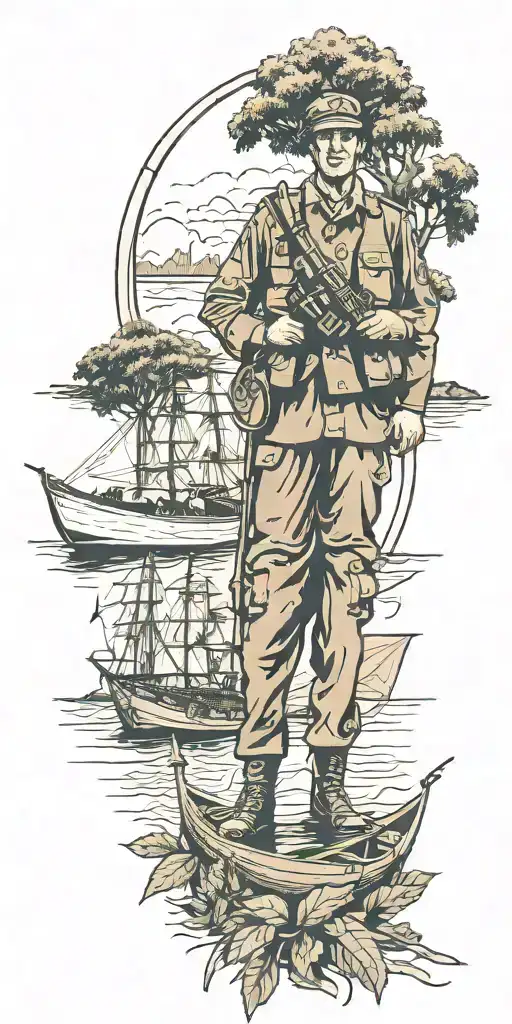 australian soldier with boats and planes and trees. Hard Times Make You Stronger, Easy Times Make You Weaker. tattoo design idea