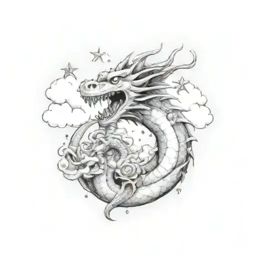 Dragon with stars and clouds tattoo design idea