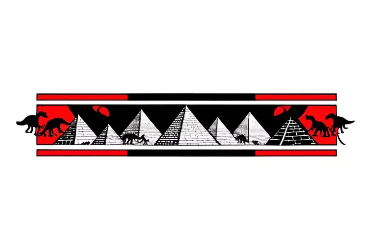 1 inch band around the bicep tattoo, red and black only, with dinosaurs and pyramids tattoo design idea
