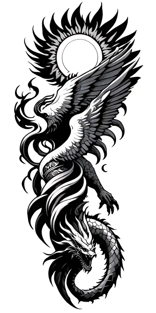 icarus falling, neda symbol, fine lines like smoke, the sun, tribal band, and a dragon over the shoulder tattoo design idea