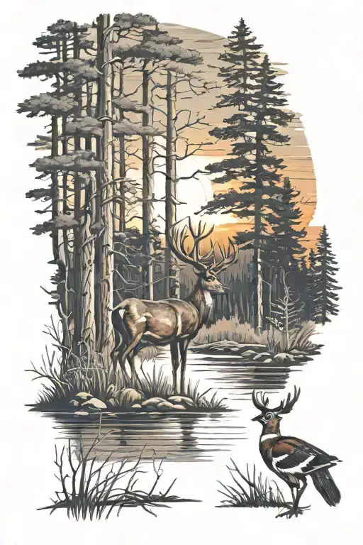 sunset in forest with a 12 point buck standing and a wood duck flying out of antlers  tattoo design idea