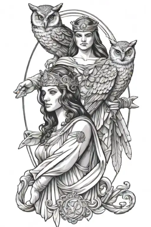 athena with owl perched and artemis with a bow tattoo design idea