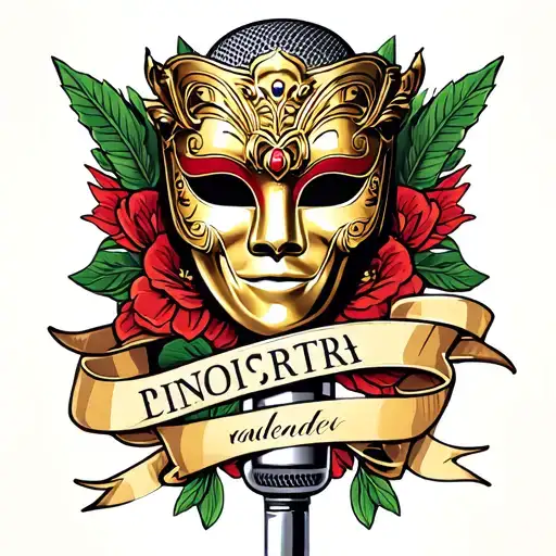 A Venetian mask in classic deep gold, red, and green.A Frank Sinatra-inspired microphone with a banner  tattoo design idea