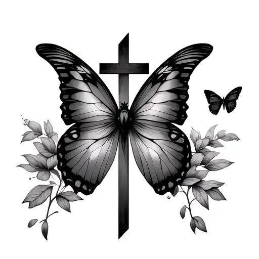 simple dimensional cross with a realistic butterfly flying towards it  tattoo design idea