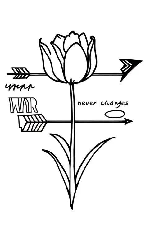 thin fine line tattoo, black only, a tulip and arrow stating "war never changes" fine line basic tattoo design idea