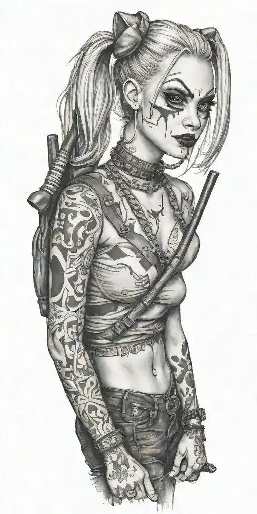 Harley Quinn in Chicano style, hyena, baseball bat tattoo design idea