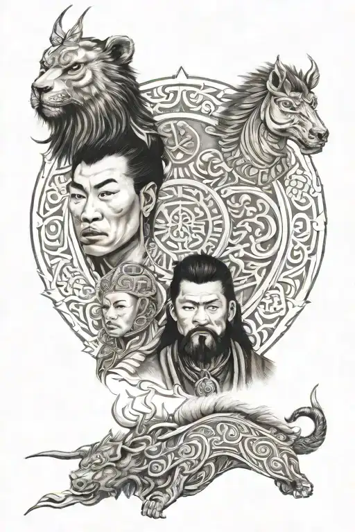family, self defence, mongolian ornament tattoo design idea