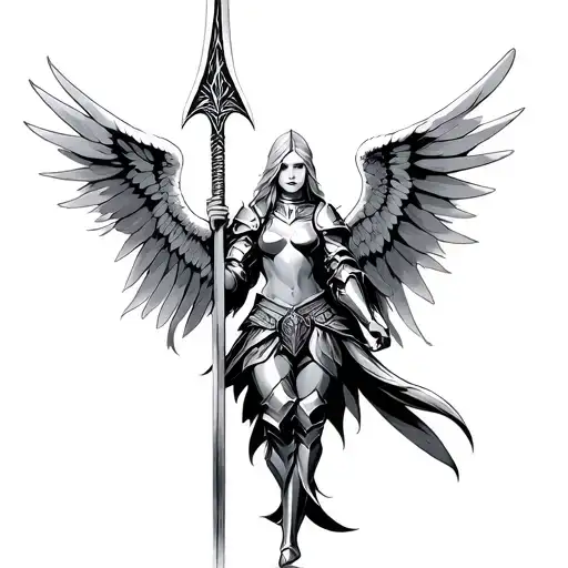 ANGEL WITH SIX WINGS IN HEAVY KNIGHT ARMOR HOLDING SPEAR tattoo design idea