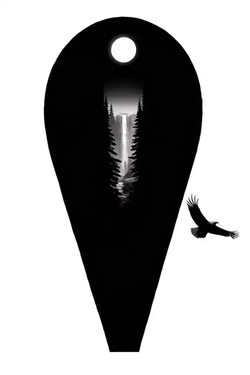 forest with a waterfall in the middle, bald eagle flying with a moon in the background. tattoo design idea