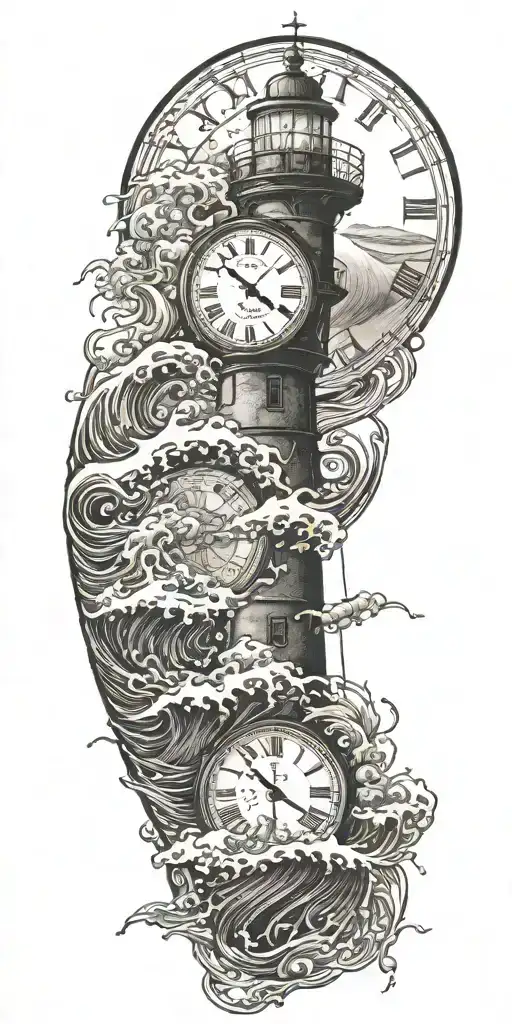 lighthouse waves crashing clock and jelly fish tattoo design idea