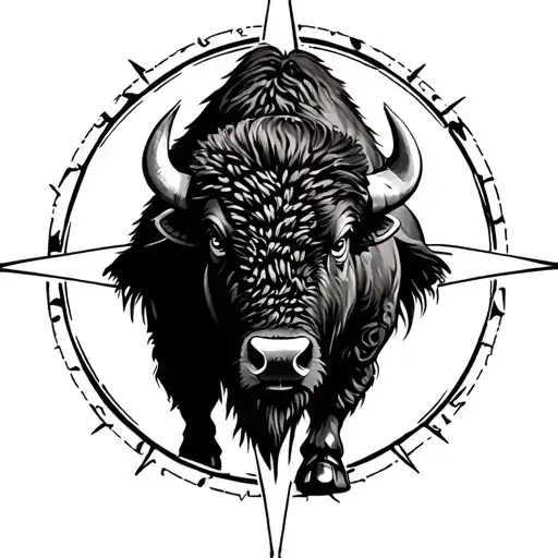 bison framed inside compass lines tattoo design idea