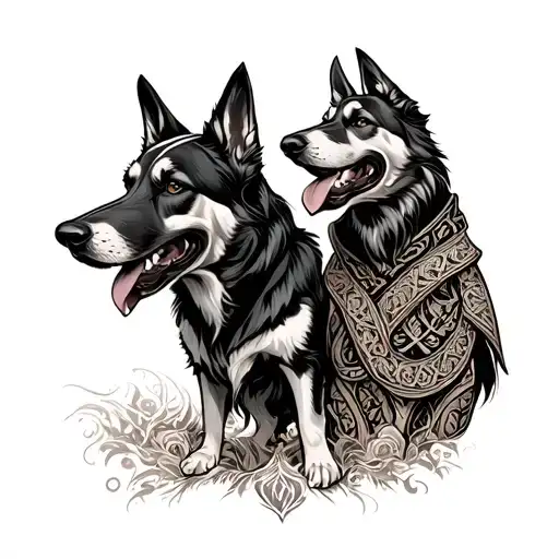 an ornamental blackwork piece representing cu chulainn and an irish wofhound tattoo design idea