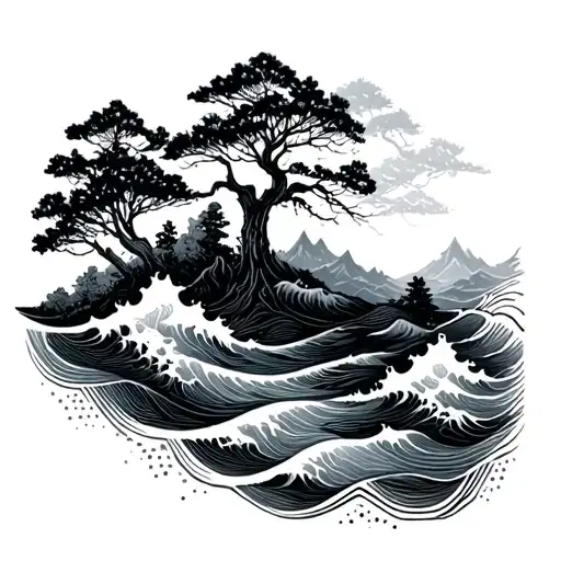 horizontal honeycombs with waves and trees tattoo design idea