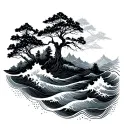 horizontal honeycombs with waves and trees tattoo design idea