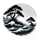 horizontal honeycombs with waves and trees tattoo design idea