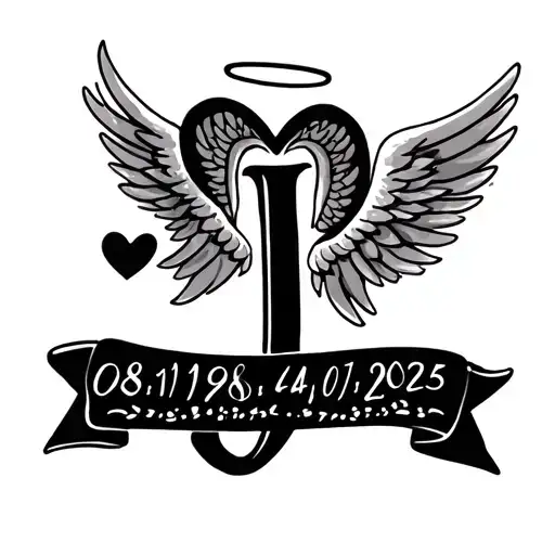 minimalist feminine cursive letter J with an angel halo and a heart with the dates 08/19/1986 and 04/01/2025 added tattoo design idea