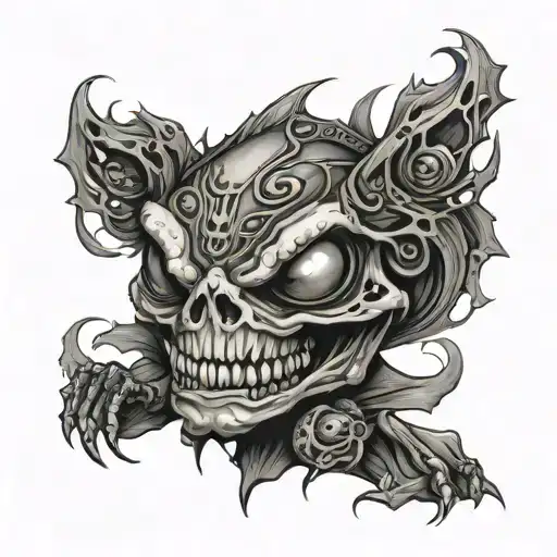 Angry frog, skull, alcohol, women face tattoo design idea