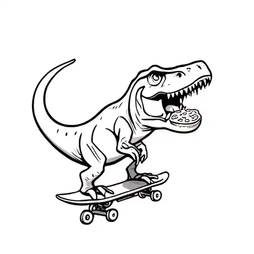 cartoon t-Rex on a skateboard eating pepperoni pizza tattoo design idea