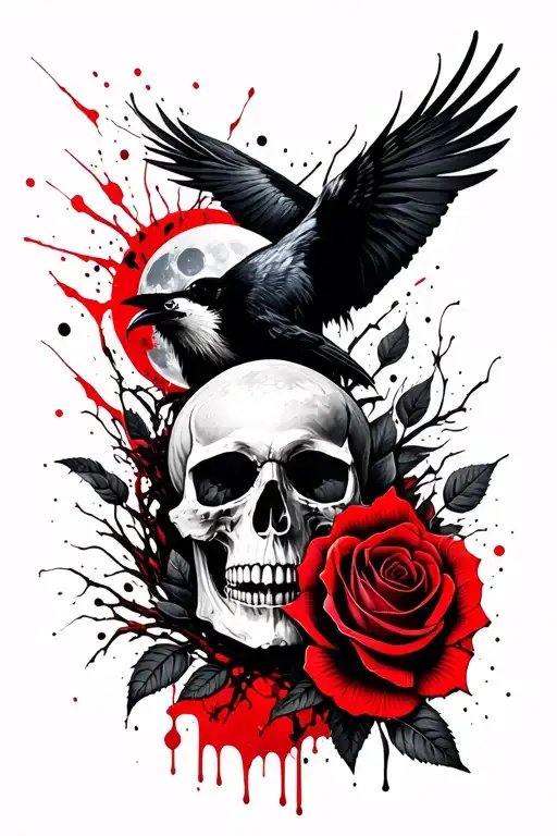 Okay, something with a skull, moon, raven, rose, thorny tendrils... Together Preferably on the outside of the thigh tattoo design idea