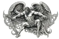 arch angel michael impaling lucifer stepping on his head tattoo design idea