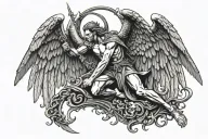 arch angel michael impaling lucifer stepping on his head tattoo design idea