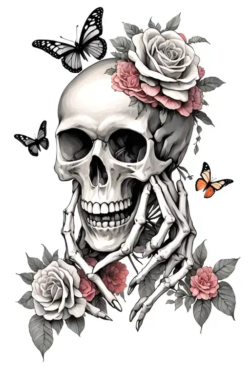skeleton hands gripping a skull with an open mouth and have roses and ither flowers and butterflies incorperated into it tattoo design idea