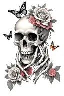 skeleton hands gripping a skull with an open mouth and have roses and ither flowers and butterflies incorperated into it tattoo design idea