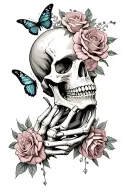 skeleton hands gripping a skull with an open mouth and have roses and ither flowers and butterflies incorperated into it tattoo design idea