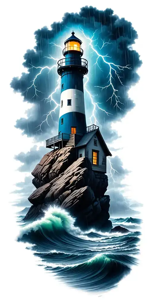 lighthouse on rocks with crashing waves  in a rainstorm and lightning strikes  tattoo design idea