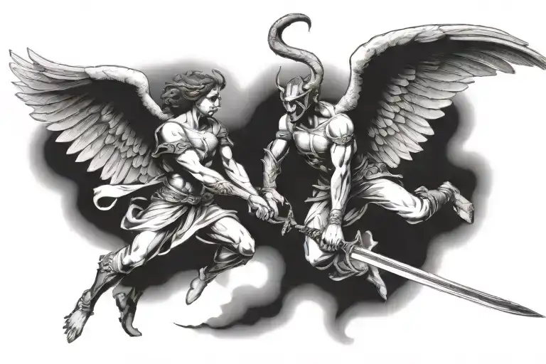 angel flying down from the heavens spearing a demon with their sword tattoo design idea