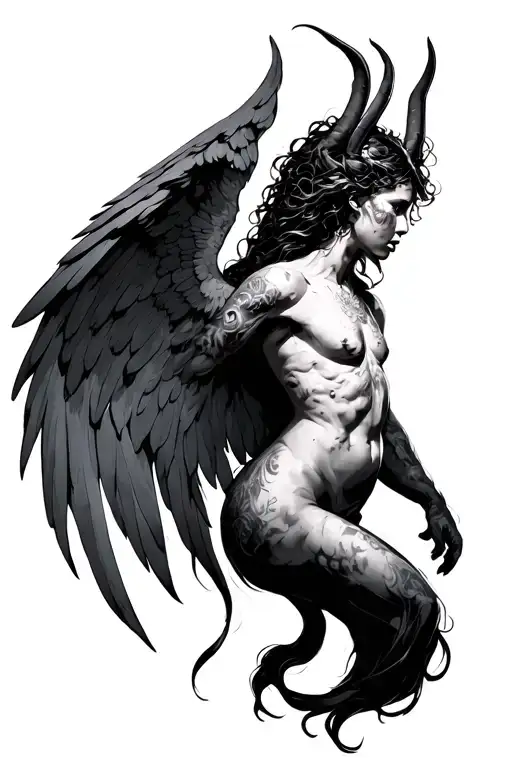 half angel half demon with wings flying tattoo design idea