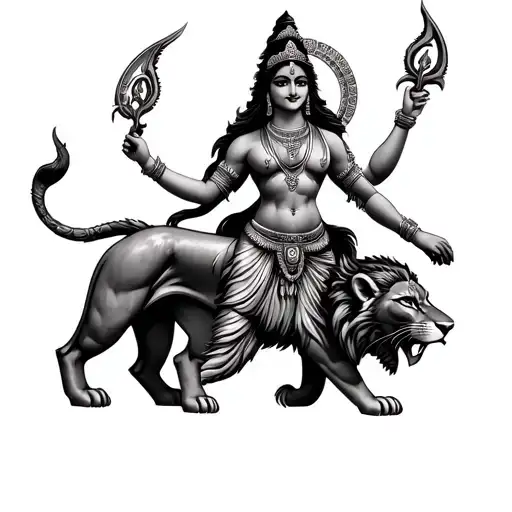MAA DURGA HOLDING ALL HER WEAPON IN HER HAND AND CALM POSITIVE ENERGY IN HER FACE AND RIDDING HER FEROCIUES LION tattoo design idea