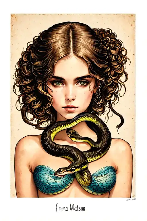 Ladyhead inspired by Emma Watson with a serpent wrapping around her, cleavage visible but nipples covered by the snake tattoo design idea