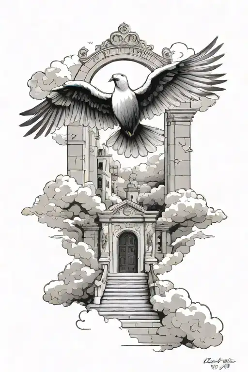 bible verses isaiah 41 10, doves flying, may 30,2003-Oct. 7,2021, angle on stairs in front of a gate, on top of clouds tattoo design idea