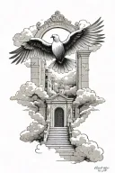 bible verses isaiah 41 10, doves flying, may 30,2003-Oct. 7,2021, angle on stairs in front of a gate, on top of clouds tattoo design idea