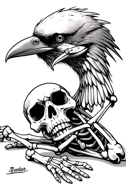 black and white ink illustration of a small humanoid skeleton with a crow skull head and four fingers, lying face down o tattoo design idea