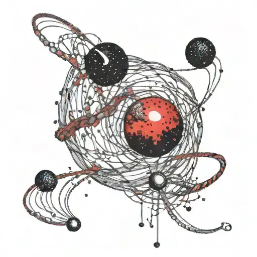 Red string of fate connecting two planets together within a cosmo of stars  tattoo design idea