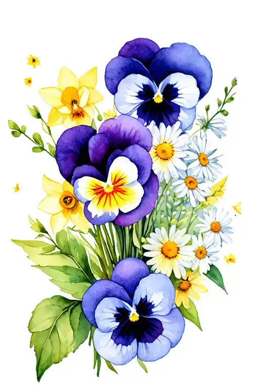 flower bouquet with pansies and daffodils and daisies tattoo design idea